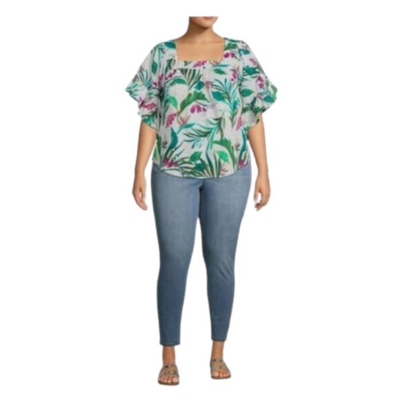 New Terra & Sky Women's Cotton Purple Tropical Peasant Top Plus 1X 16-18 - Picture 1 of 7